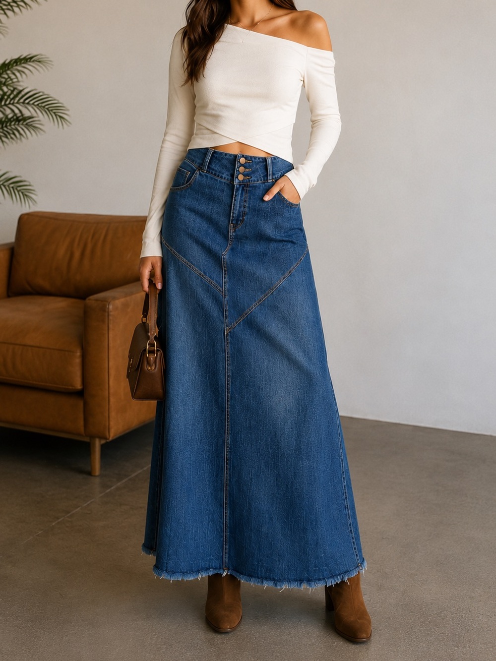 Wash Lab Denim Maxi Skirt Size 29 Western Boho Raw Hem